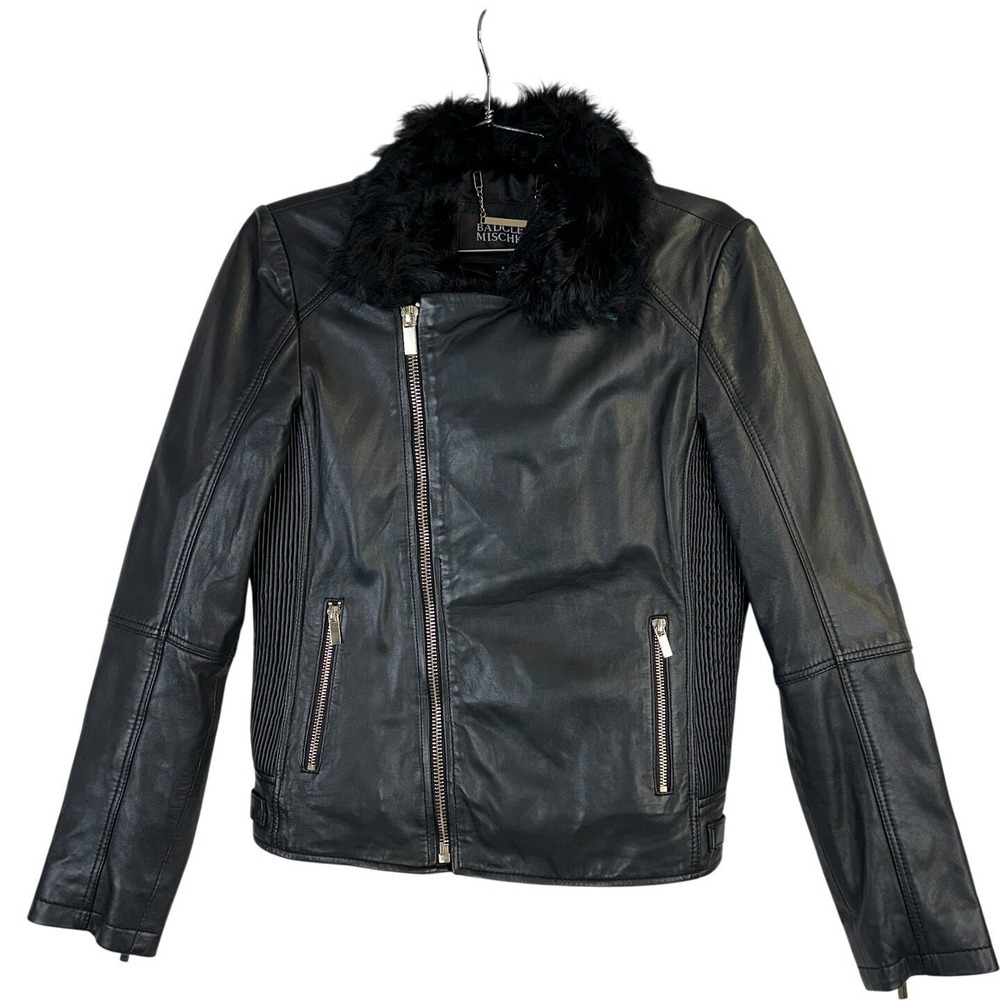 $895‎ USD-Badgley Mischka Size S Genuine Leather Jacket Long Hair Lamb Fur Black